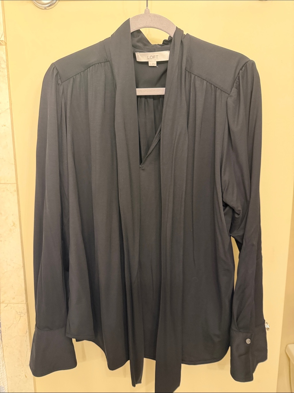 LOFT Black Draped Tie-Neck Long-Sleeve Blouse